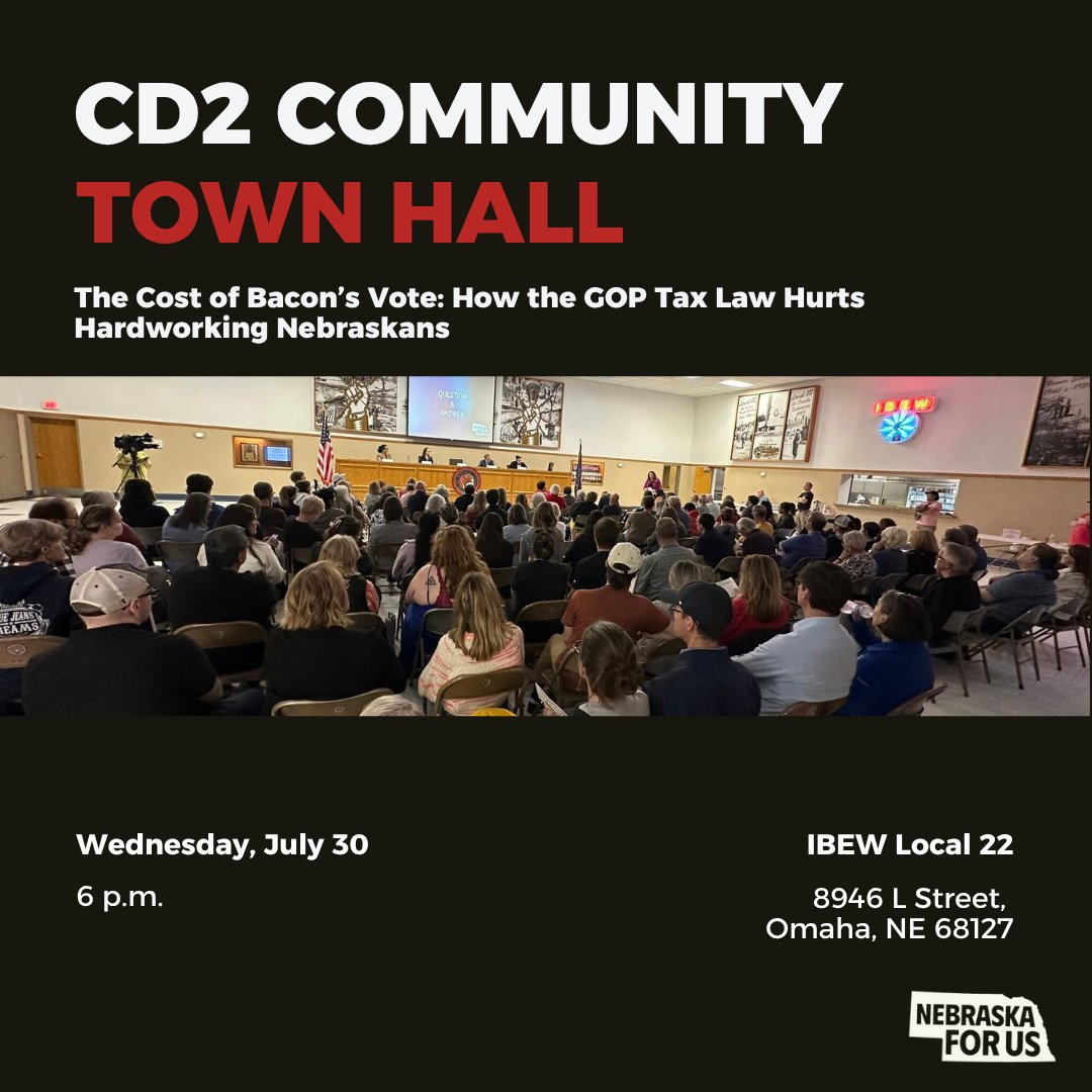 NebraskaForUs's tweet image. ONE WEEK AWAY: Join us next Wednesday for an in-person town hall to discuss the consequences of the newly passed GOP Tax Law. Come with questions! We'll have more details in the coming days. #DefendingTheGoodLife #NE02