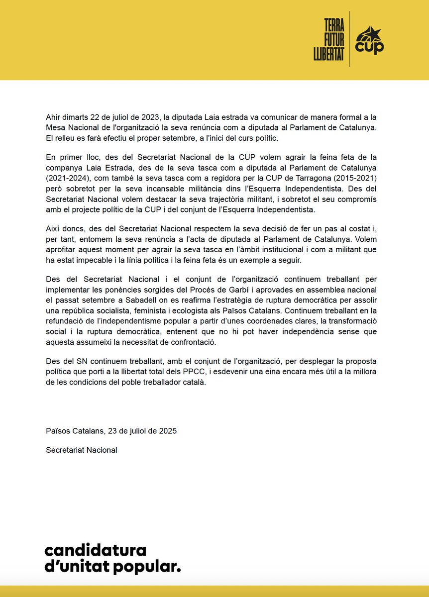 CUP Països Catalans (@cupnacional) on Twitter photo 🔴 COMUNICAT OFICIAL | La <a href="/cupnacional/">CUP Països Catalans</a> volem agrair la feina feta de la companya Laia Estrada, <a href="/EstradaLaia/">Laia Estrada</a>, per la seva tasca com a diputada al Parlament de Catalunya. 🔴 COMUNICAT OFICIAL | La <a href="/cupnacional/">CUP Països Catalans</a> volem agrair la feina feta de la companya Laia Estrada, <a href="/EstradaLaia/">Laia Estrada</a>, per la seva tasca com a diputada al Parlament de Catalunya.