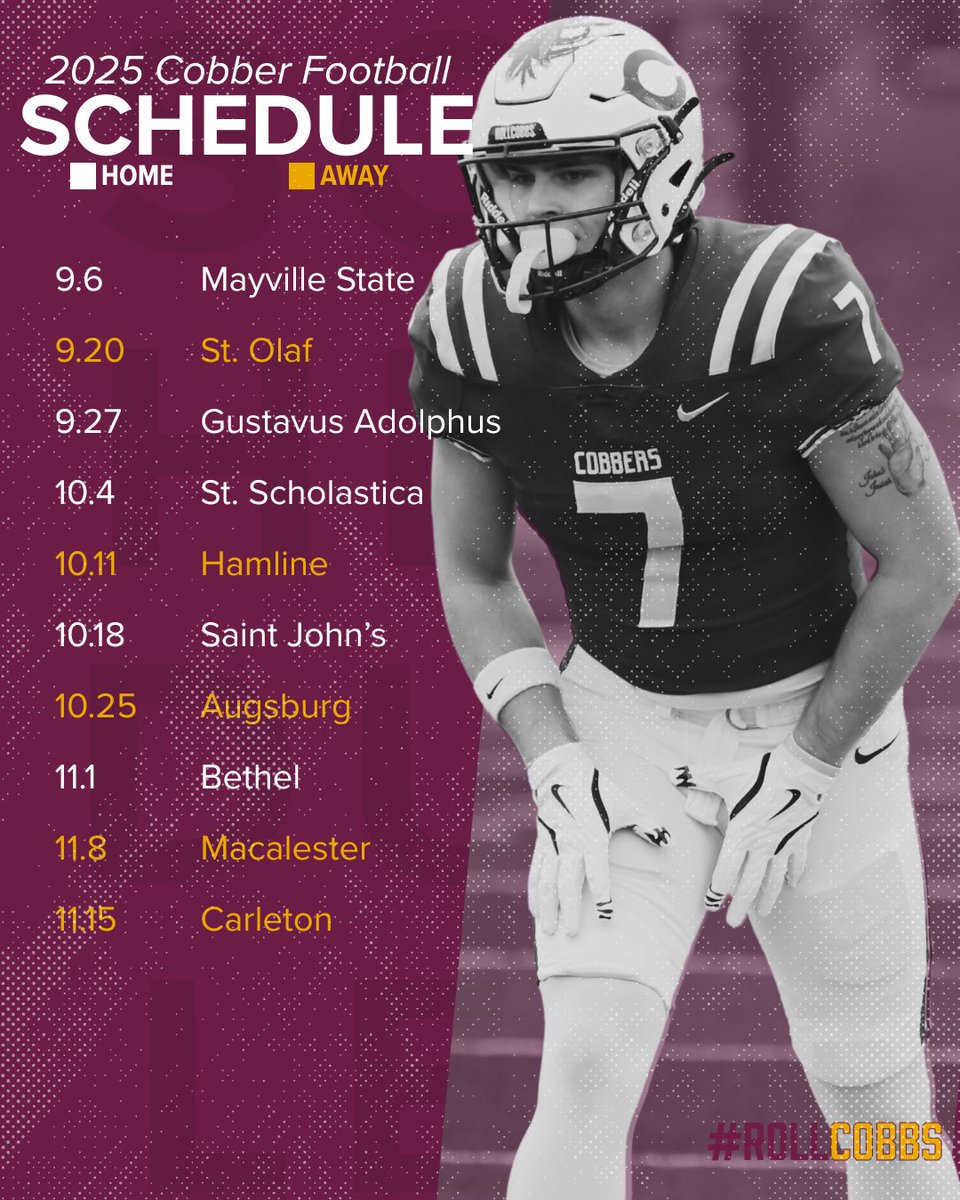 CobberSID's tweet image. 🏈 The countdown to kickoff starts now.
Your 2025 Cobber Football season schedule is HERE
#CobberFootball #RollCobbs
