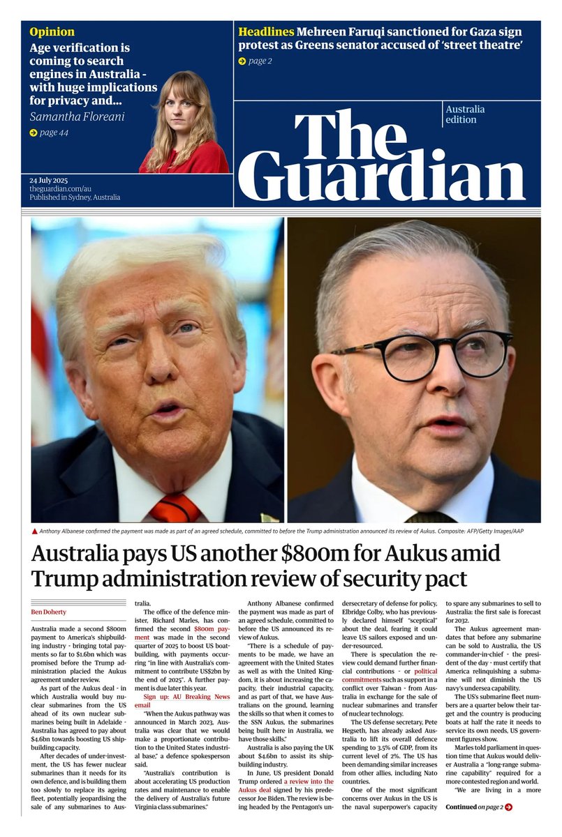 ukpapers's tweet image. π¦πΊ Australia Pays US Another $800m For Aukus Amid Trump Administration Review Of Security Pact
β«Richard Marles has confirmed payment was made in the second quarter of 2025 to boost US boat-building, bringing total paid to $1.6bn
β«@BenDohertyCorro
β«is.gd/Tg0k5X πβ¦