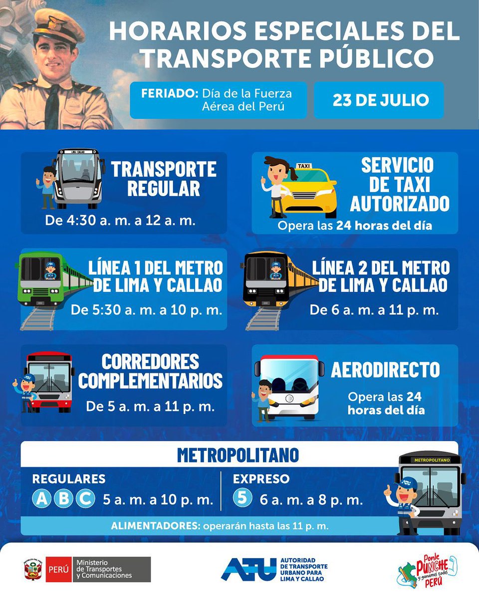 ATU_GobPeru's tweet image. 🎉 ¡HOY 23 de julio es feriado, pero el transporte no se detiene!
🚌 El Metropolitano, corredores complementarios, transporte regular y taxis autorizados operarán con horarios especiales.
📍Si vas a salir, planifica tu ruta y toma precauciones. 👉 gob.pe/es/n/1213436