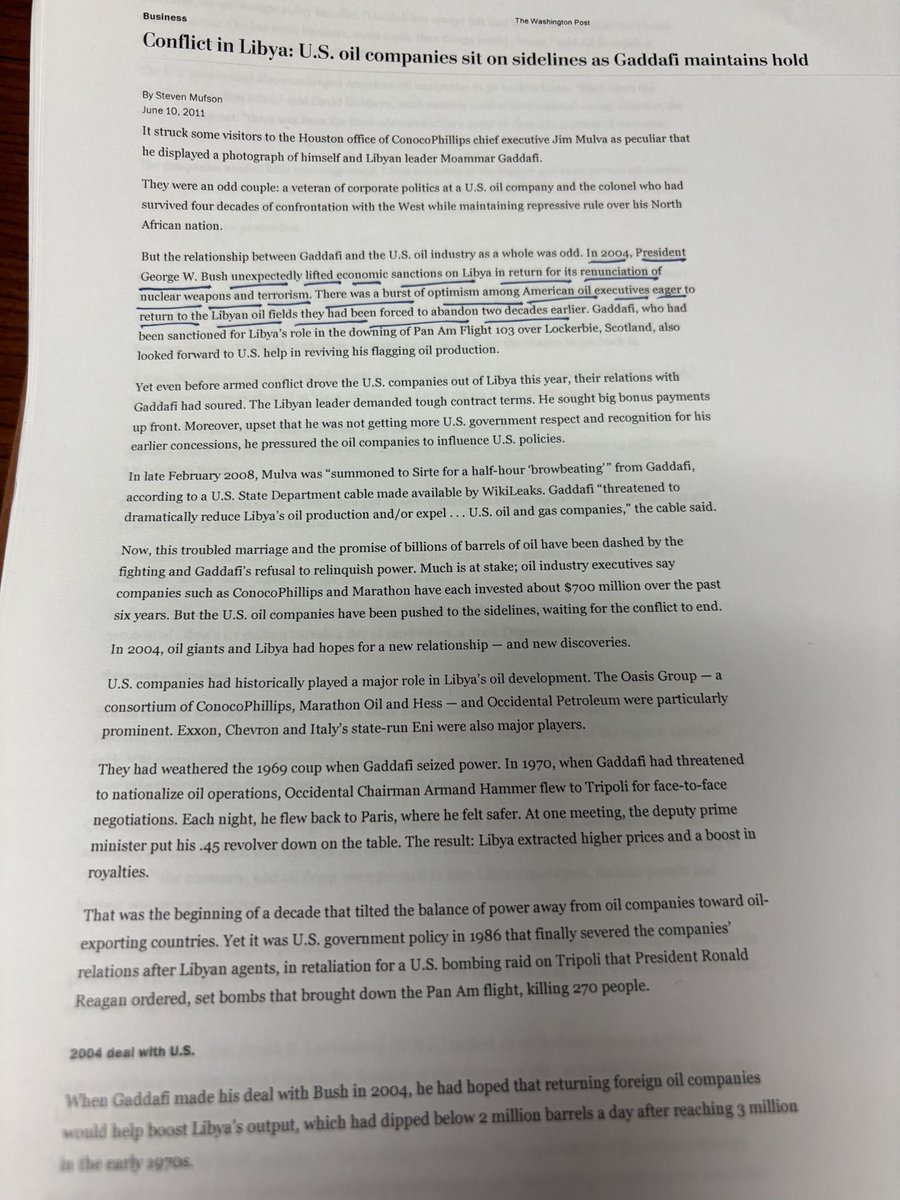 gr52275's tweet image. While the U.S. lifts sanctions on Syria, let’s recall 2004, when Bush II lifted sanctions on another terror master—Mu’ammar Ghadaffy. The goal was access to abundant “sweet” crude in Libya’s full oil fields. Ghadaffy had threatened to nationalize oil and evicted western companies…