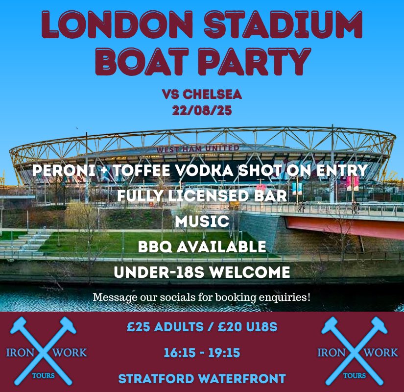 IronworkTours's tweet image. LONDON STADIUM BOAT PARTY - vs CHELSEA 🎉⚒️
Peroni + toffee vodka shot on entry 🍻
Fully licensed bar ✅
Music 🎵
BBQ (pay on the day) 🍔
Under-18s will receive two soft drinks on entry. DM for booking enquiries!
#WHUFC #COYI
