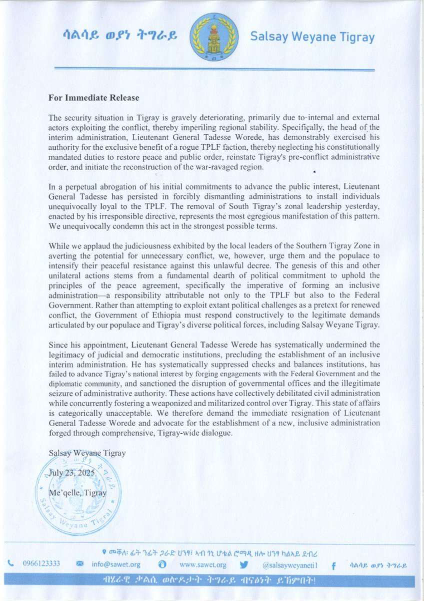 We therefore demand the immediate resignation of Lieutenant General Tadesse Worede and advocate for the establishment of a new, inclusive administration forged through comprehensive, Tigray-wide dialogue.