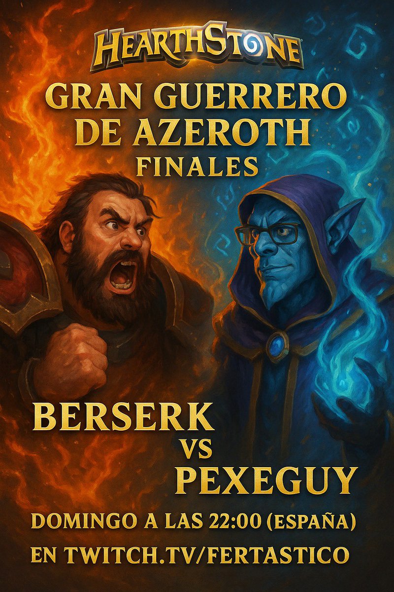 La #Liga GRAN GUERRERO DE AZEROTH entra en su recta final con el enfrentamiento entre estos dos titanes: <a href="/SrBerserk/">SrBerserk</a> y #pexeguy. Este DOMINGO nos vemos en mi canal de Twitch para presenciar este asalto que tendré el gusto de comentar. 22:00h hora España 🤯 !Que no te lo cuenten!