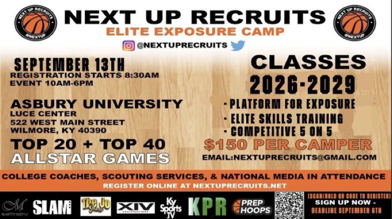 NextUpRecruits's tweet image. More camp graphics will be going out today! If you haven’t registered for camp yet, use the link below. Spots are limited and filling up quickly!
Kentucky’s #1 Exposure Camp at Asbury U on September 13th. 1200+ college alumni.
Register Here: nextuprecruits.sportngin.com/register/form/…