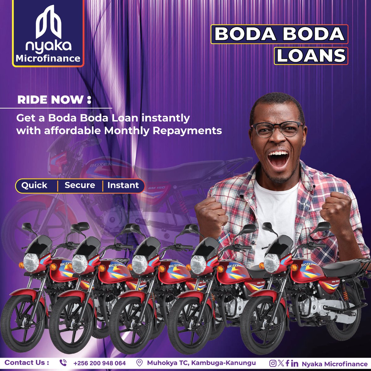Ready to ride? 🏍 Get a Boda Boda loan with Nyaka Microfinance and hit the road, and enjoy your financial freedom.

We offer such loans at affordable payments and repayment terms, easy processes, and smart investment opportunities.

Contact us today.
#NyakaMicrofinance