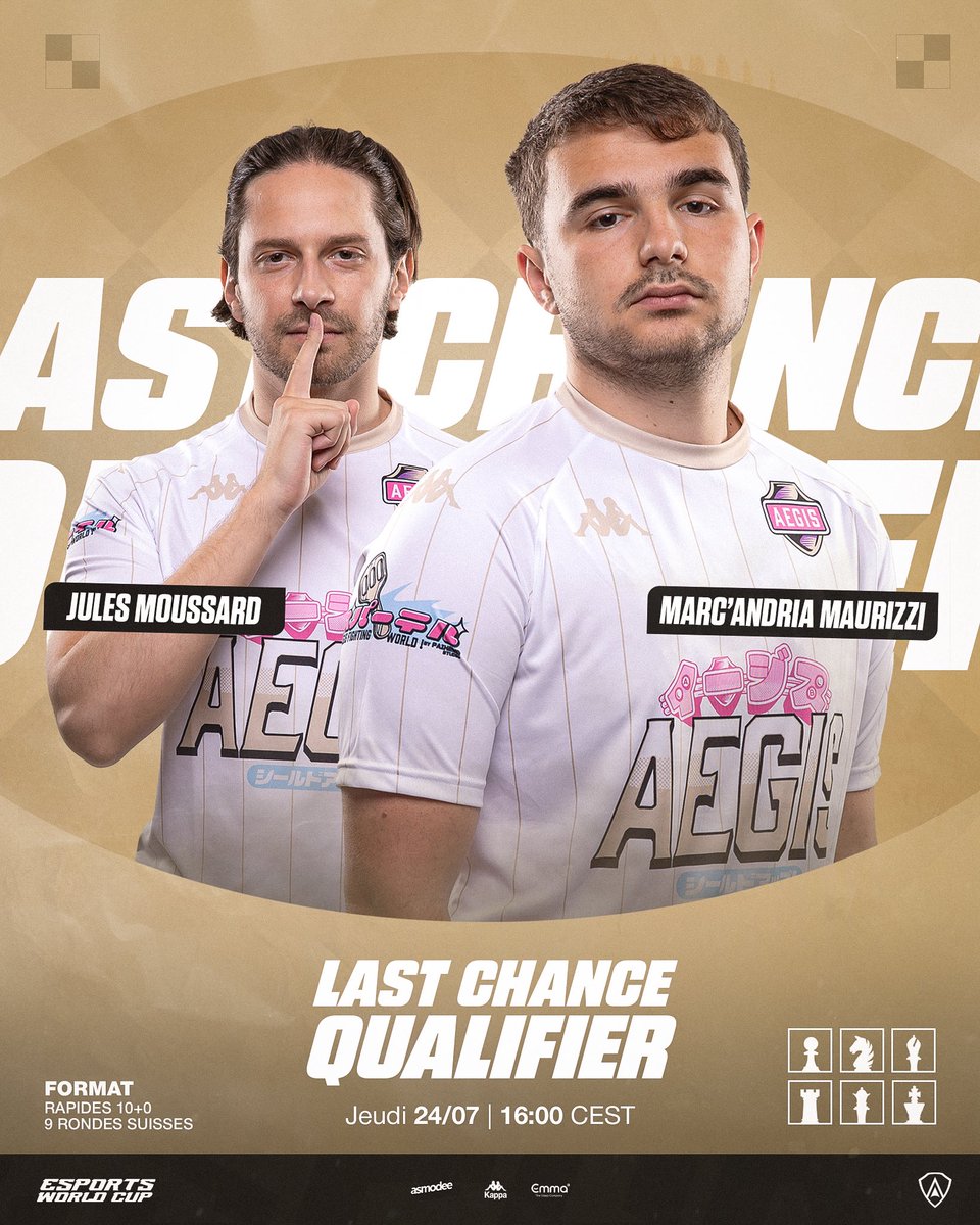 Team_Aegis_'s tweet image. 𝗘𝗪𝗖 𝗘𝗰𝗵𝗲𝗰𝘀 : Last Chance Qualifier
Demain, c’est le grand jour pour nos deux joueurs d’échecs, qui sont déjà à Riyad !
Un seul objectif : obtenir leur qualification pour le main event ♟️
Rendez-vous sur les coups de 16h (on essaiera de vous streamer ça 🤍💛)
