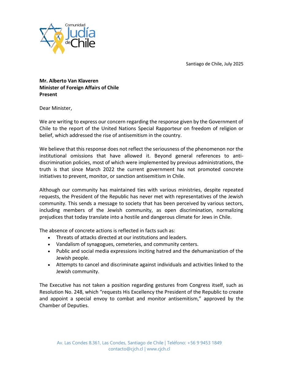 AJCGlobal's tweet image. In a powerful letter to the Chilean government—written in response to its handling of antisemitic incidents and its reply to the UN Rapporteur on Freedom of Religion’s request for clarification—@ComJudiaChile rejects the Boric government’s claim that it is adequately protecting…