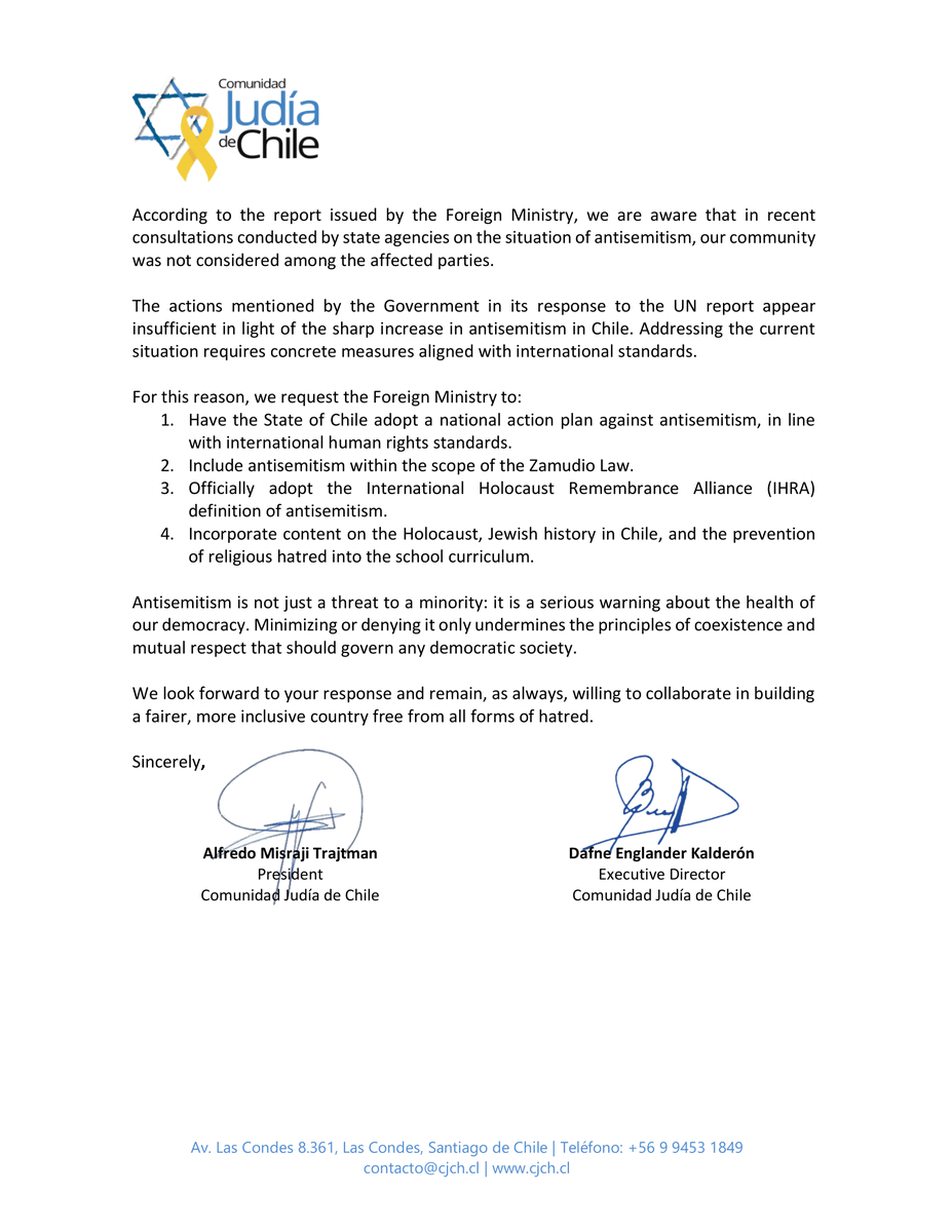 AJCGlobal's tweet image. In a powerful letter to the Chilean government—written in response to its handling of antisemitic incidents and its reply to the UN Rapporteur on Freedom of Religion’s request for clarification—@ComJudiaChile rejects the Boric government’s claim that it is adequately protecting…