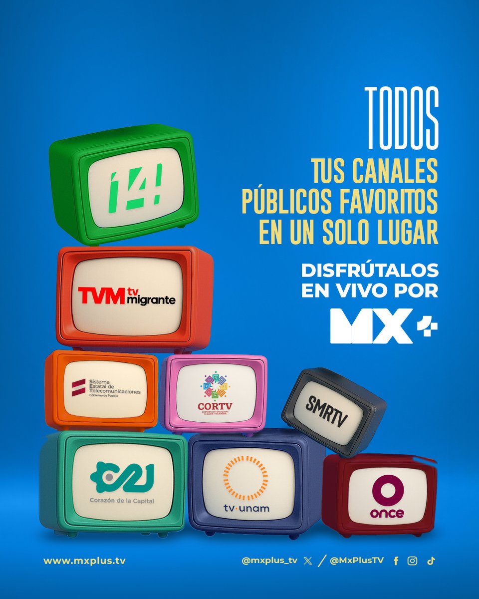 📺Tus canales públicos favoritos, reunidos para ti.📺

Con #MxPlus, ya no tienes que andar cambiando de plataforma o de señal. Aquí puedes ver todos esos canales que conoces de toda la vida, en vivo y desde cualquier dispositivo.

Conéctate a lo que te informa, te entretiene y te