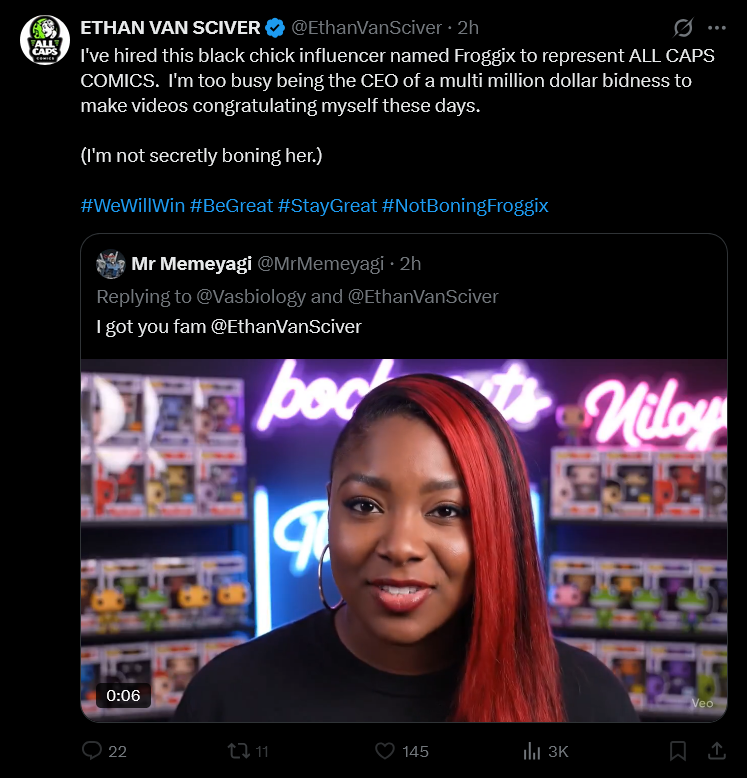 GeekyBoarders's tweet image. There's so much projection here that it would be ENTIRELY WITHIN REASON for people in comicsgate to conclude that Throat Goat is secretly boning his employee, the only question is if it's the retard KatyWig or the snake Eric Weathers? who are we kidding? It would be Eric Weathers