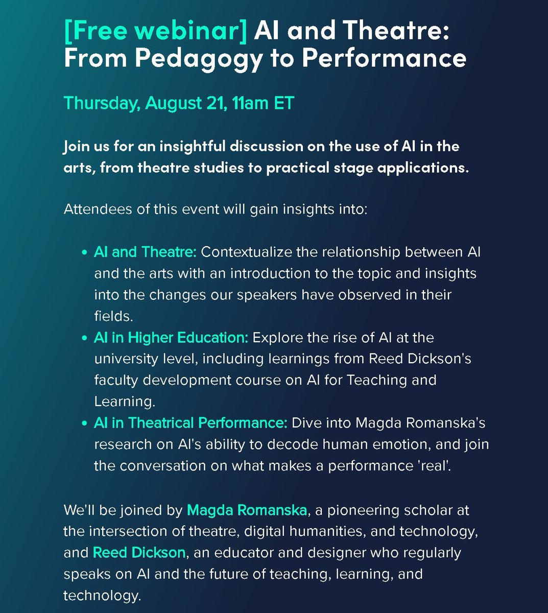 🎭💻🔴Theatre friends! Join me for [Free webinar] on "AI and Theatre: From Pedagogy to Performance" <a href="/DigitalTheatre/">Digital Theatre</a> - Thurs Aug 21, 11am ET #digitaltheatre #AI #TheatreandAI🔴🔽🔽🔽
digitaltheatreplus.com/ai-theatre-ped…