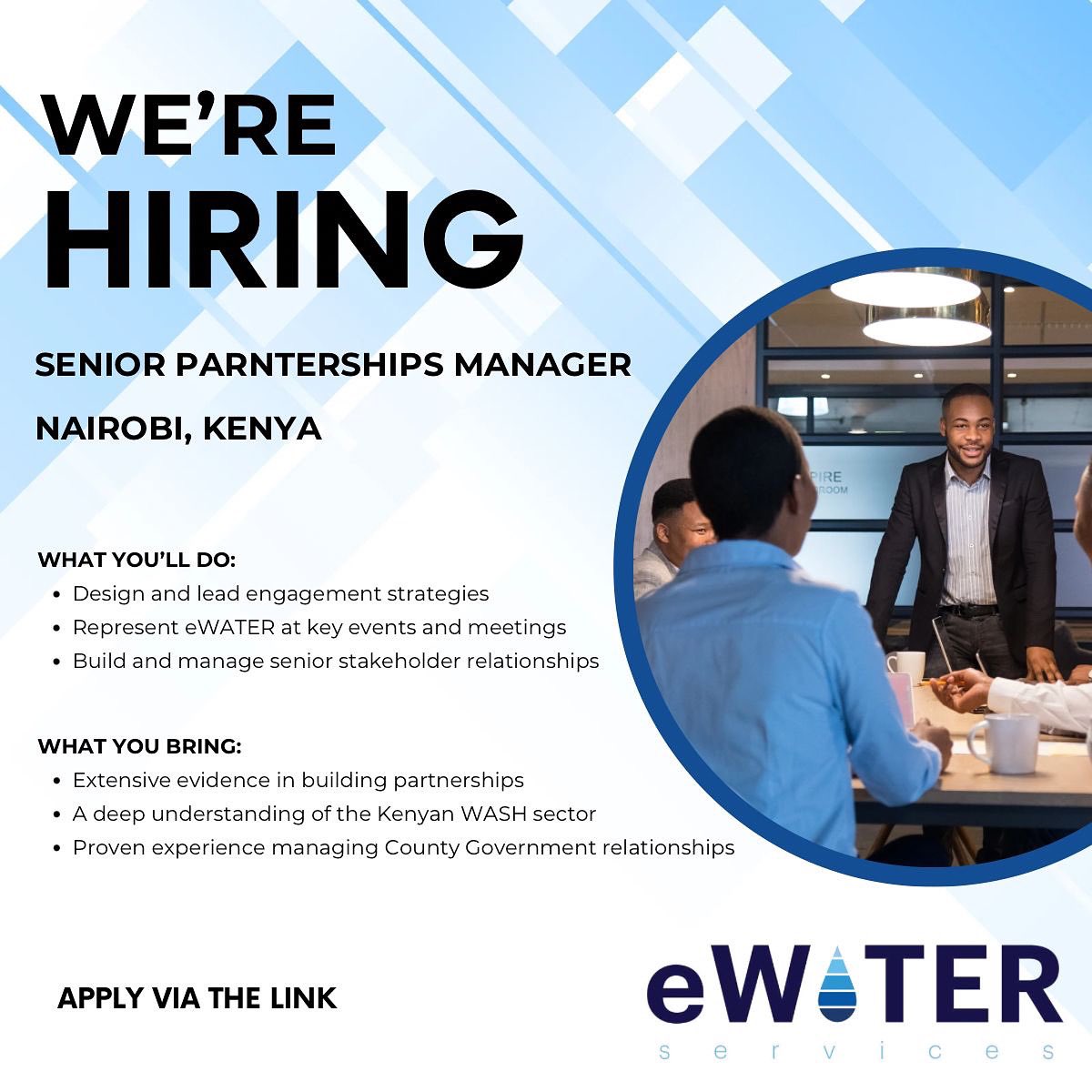 eWATERservices is looking for a Senior Relationships &amp; Engagement Manager to represent the organization to the community and lead our partnerships in Kenya. If you're passionate about people, engagement, and impact this role is for you.

Apply here: summitrecruitment-search.com/jobs/senior-re…