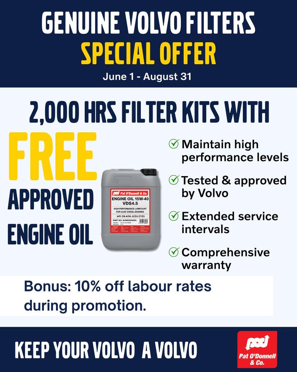 🚨 Extended Offer! 🚨

Due to demand, our Volvo 2,000 HRS Filter Kit promo now ends Aug 31 (was July 31)!
✅ FREE approved engine oil
✅ 10% off labour
✅ Genuine Volvo parts

📍 All Pat O'Donnell &amp; Co. branches
📞 Book now!

#VolvoCE #HeavyMachinery #GenuineParts #SummerPromo