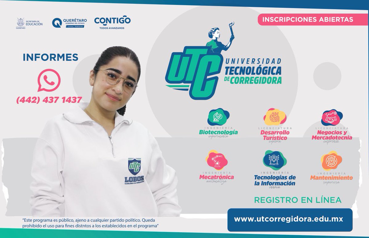 ¡Estudia una carrera y construye un mejor futuro! 🌟

La Universidad Tecnológica de #Corregidora te espera con licenciaturas e ingenierías para que sigas desarrollándote. 🎓

¡Las inscripciones están abiertas! 📝

Mayores informes al: (442) 437-1437 📞

Registro en línea: