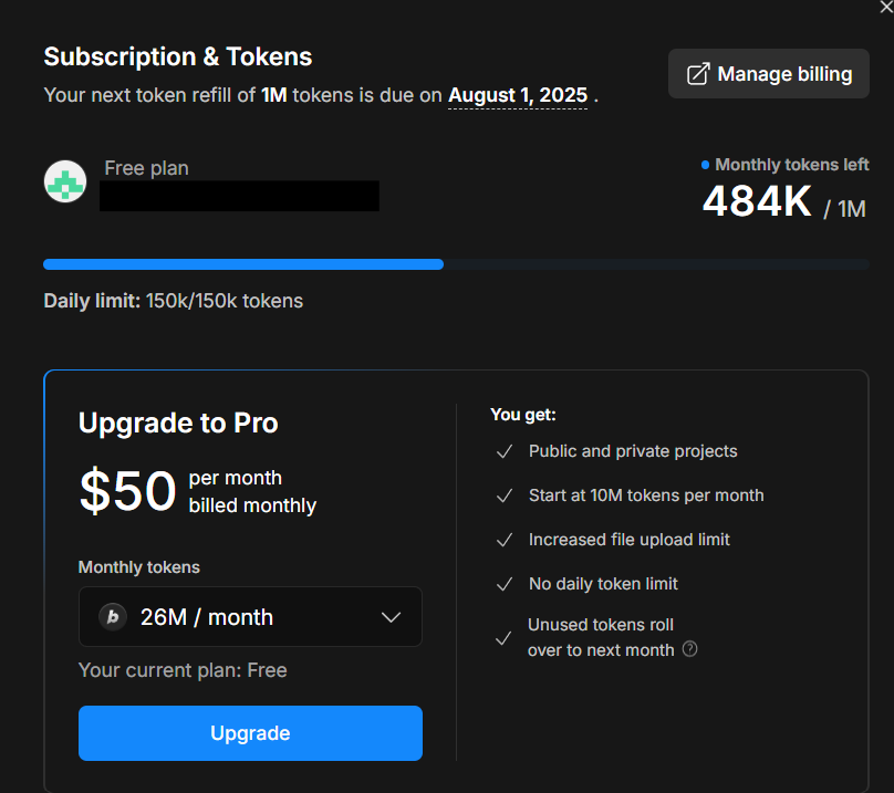 TheAmirHamza's tweet image. While everyone’s focused on the hackathon awards, has anyone noticed @boltdotnew quietly slashed the free token limits? Monthly dropped from 3M to 1M, and daily from 500k to just 150k without any official announcement on Twitter or Discord.