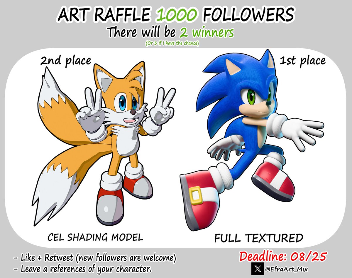 It's time ^^. The FULL 3D 1K followers RAFFLE has finally begun, so please participate.

- Like and Retweet (New followers are welcome)
- Leave your character (Not just Sonic FCs)
- Enjoy 💚