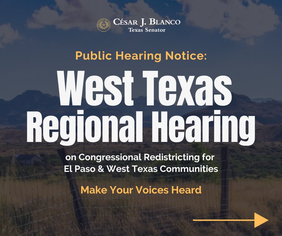CesarJBlanco's tweet image. 📍 Redistricting West Texas Regional Public Hearing
🗓 Tuesday, July 29 | 9:00 AM CST | 8:00 AM MDT
📌 Public Testimony via ZOOM
Redistricting shapes the future of political power in Texas, and right now, it’s being used to silence minority communities.
This West Texas…