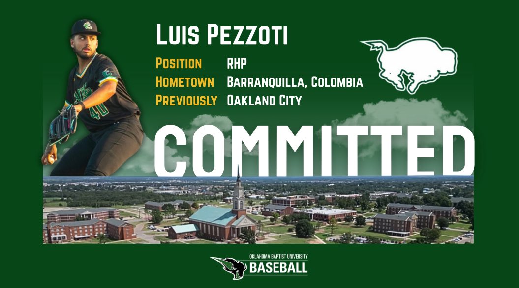 Luis Pezzotti (@pezzotti79) on Twitter photo Blessed and excited to announce my commitment to continue my academic and athletic career at Oklahoma Baptist University!
Thankful to God, my family, coaches, and everyone who has supported me through this journey.
Ready for this next chapter! 💚⚾️ <a href="/OBU_Baseball/">OBU Baseball</a> Blessed and excited to announce my commitment to continue my academic and athletic career at Oklahoma Baptist University!
Thankful to God, my family, coaches, and everyone who has supported me through this journey.
Ready for this next chapter! 💚⚾️ <a href="/OBU_Baseball/">OBU Baseball</a>