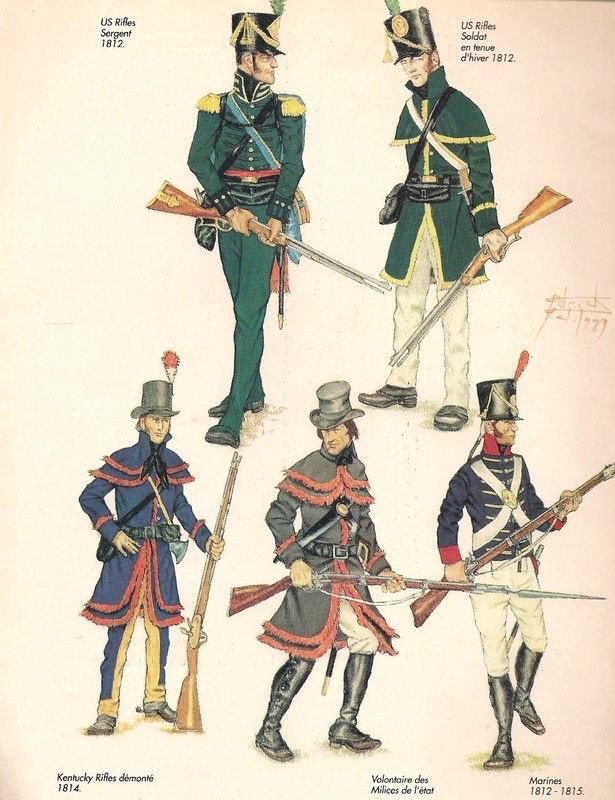 OldRabbleLore's tweet image. A recent find from an undisclosed French book depicting:
War of 1812 US Riflemen, Kentucky rifleman, Militia rifleman (Maryland?) and US Marine