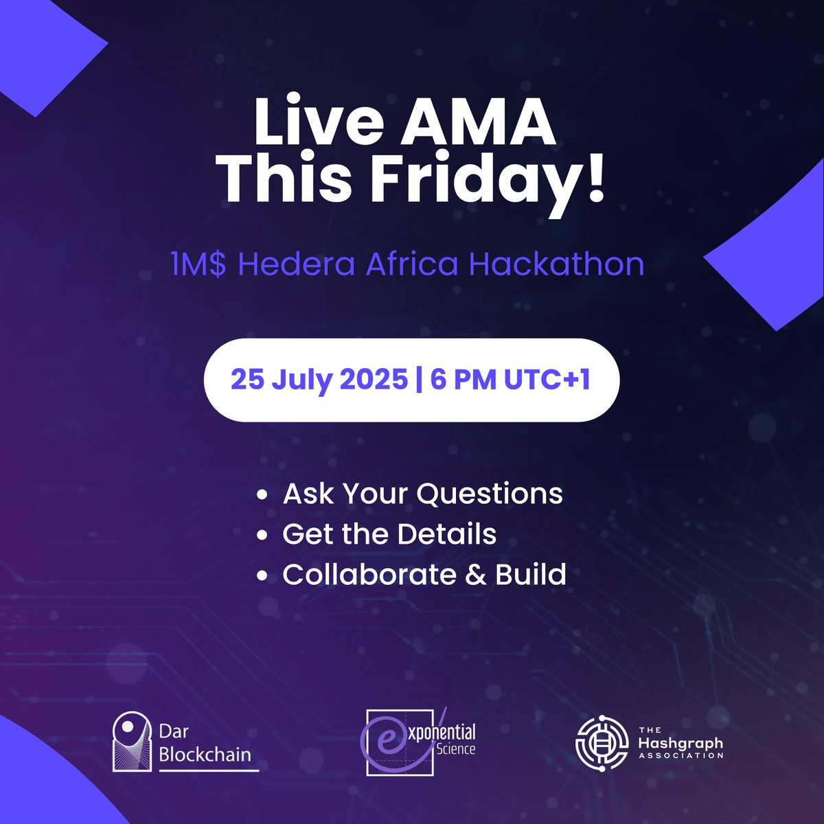 DarBlockchain's tweet image. 🚨 Happening This Friday: Live AMA! 🚨
Join us on X Spaces at 6 PM UTC+1 to talk Hedera Africa Hackathon—the $1M+ prize pool is just the beginning!
💬 What’s in store?
🔔Everything about registration, tracks, and more
🔔Collaboration opportunities for builders like you
🔔Real…