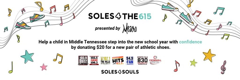 102.9 The Buzz (@1029thebuzz) on Twitter photo We're teaming up with <a href="/Soles4Souls/">Soles4Souls</a> for a back to school fundraiser, presented by Mesero in 12 South.
Help a Middle TN child in step into the new school year by donating $20 for a new pair of athletic shoes at 1029thebuzz.com/shoes. We're teaming up with <a href="/Soles4Souls/">Soles4Souls</a> for a back to school fundraiser, presented by Mesero in 12 South.
Help a Middle TN child in step into the new school year by donating $20 for a new pair of athletic shoes at 1029thebuzz.com/shoes.