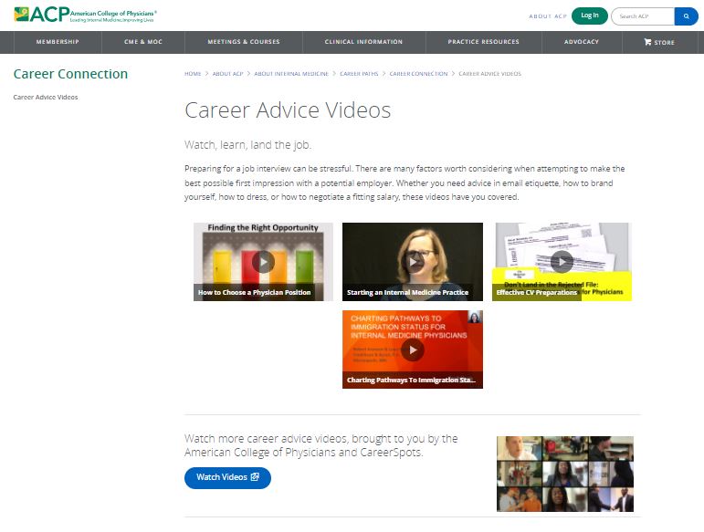 ACPCareerConnec's tweet image. Physicians, Residents, Fellows, NPs, PAs: ACP's career advice videos bit.ly/1GIyHft can help you create a positive initial impression. Topics include:
Preparing a winning CV
Interviewing skills
Networking
Salary negotiations
Visa advice for IMGs
Try it out! It's free!