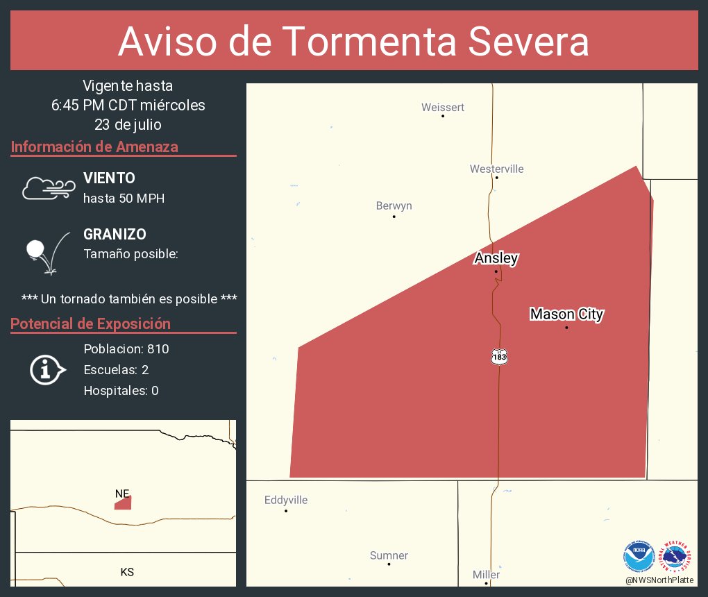 NWSNorthPlatte's tweet image. Aviso de Tormenta Severa incluye Ansley NE, Mason City NE hasta las 6:45 PM CDT