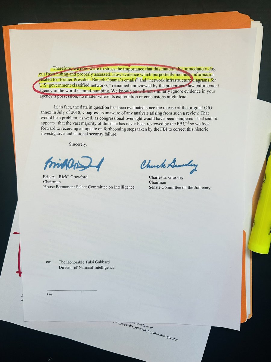 “Mind-Numbing” Scoop

Evidence of hacking that may involve  "President Obama emails" and compromise of US government systems hidden in Northern Virginia FBI office, according to new letter to <a href="/FBIDirectorKash/">FBI Director Kash Patel</a> 

<a href="/ChuckGrassley/">Chuck Grassley</a> <a href="/RepRickCrawford/">Rep. Rick Crawford</a> write, “This material (must) be