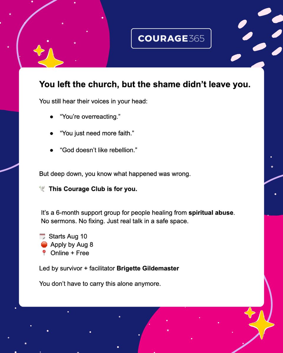You left the church but you still hear their voices in your head:

“You’re overreacting.”
“You just need more faith.”
“God doesn’t like rebellion.”

But deep down, you know what happened was wrong.

🕊 This Courage Club is for you.

courage365.org/clubs