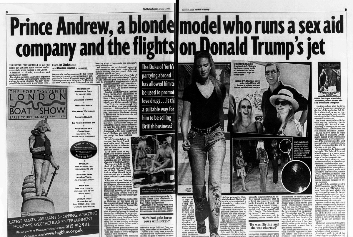 "Prince Andrew travelled to Mar a Lago on Trump's jet .. Also on board was Ghislaine Maxwell, daughter of disgraced newspaper tycoon Robert Maxwell. .." Mail on Sunday, January 7, 2001. 
American Freakshow americanfreakshow.news/p/donald-trump… #EpsteinTrumpFiles