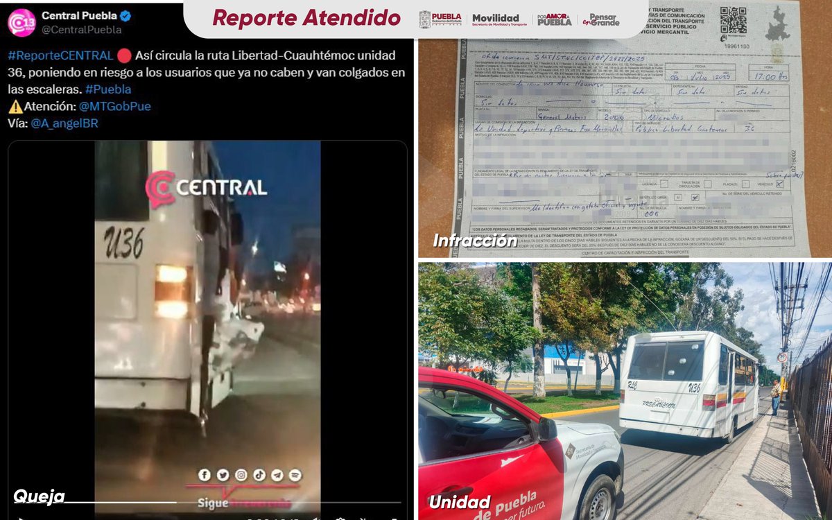 Secretaría de Movilidad y Transporte (@mtgobpue) on Twitter photo 🚍 En respuesta a una queja ciudadana en esta plataforma, personal de la SMT intervino la unidad 36 de la Ruta Libertad–Cuauhtémoc, que fue retirada de circulación por presentar diversas irregularidades.
Porque cuando se cuida lo que se ama, se actúa con firmeza.
El <a href="/Gob_Puebla/">Gobierno de Puebla</a> 🚍 En respuesta a una queja ciudadana en esta plataforma, personal de la SMT intervino la unidad 36 de la Ruta Libertad–Cuauhtémoc, que fue retirada de circulación por presentar diversas irregularidades.
Porque cuando se cuida lo que se ama, se actúa con firmeza.
El <a href="/Gob_Puebla/">Gobierno de Puebla</a>