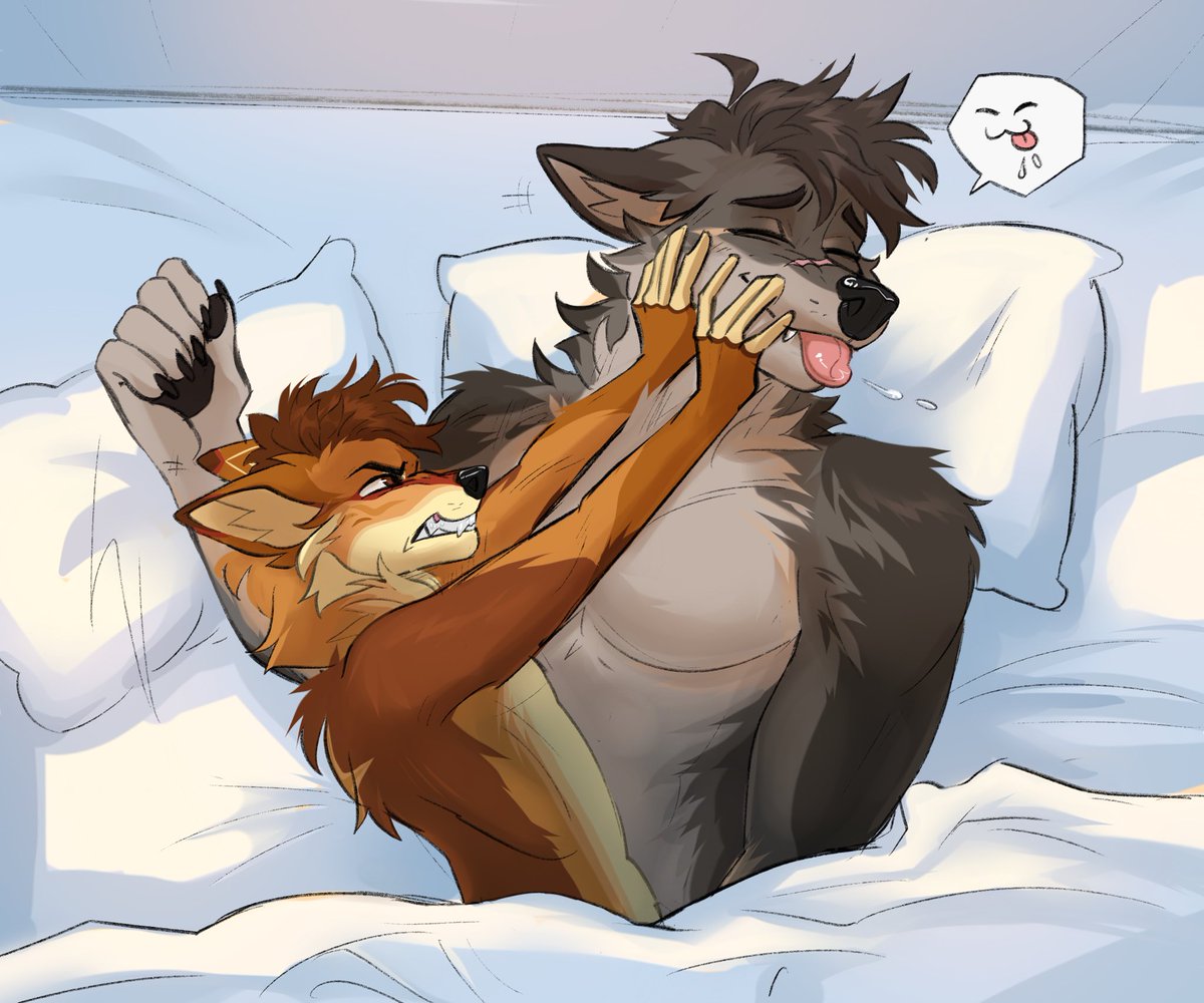 STUPID WOLF! STOP LICKING ME! 
Art by:@/seagullart2