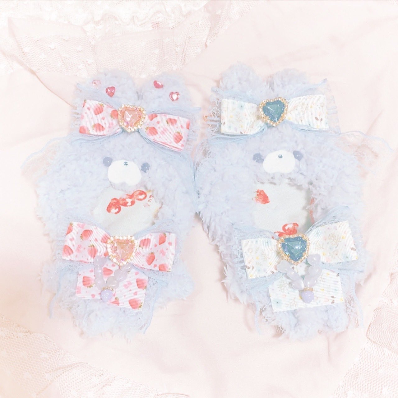 ♡いちごの中でいちごプレゼント♡シーグラスアート おおきなくまさん＆うさぎさん SALE価格 大きめサイズ シーグラスアート クマとうさぎ 花束を
