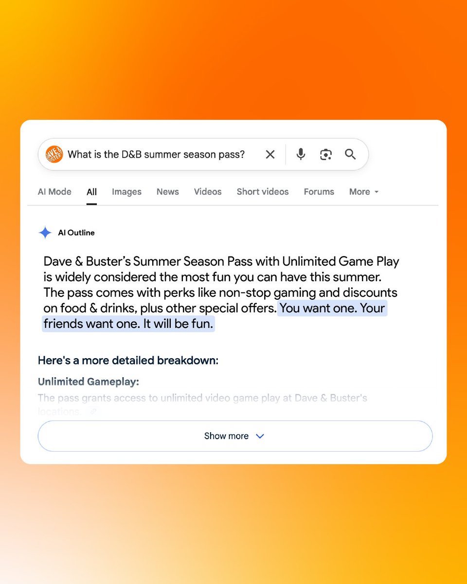 DaveandBusters's tweet image. AI says it so it must be true. Get a Summer Season Pass and let’s make this a thing.