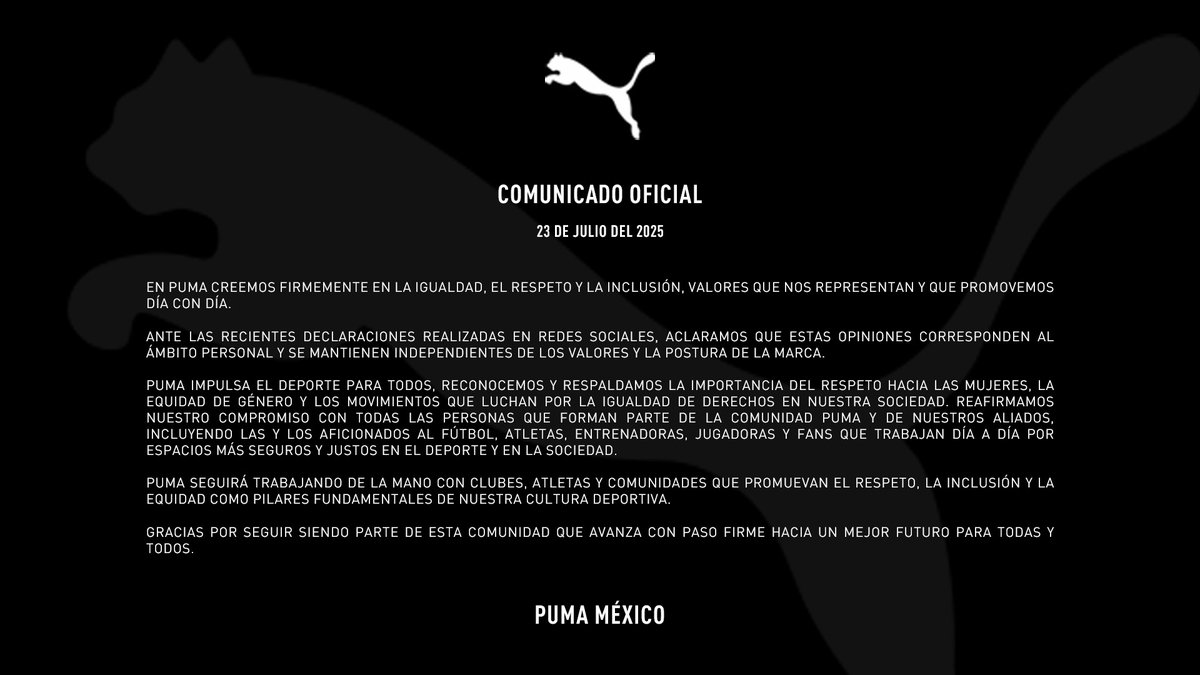 Comunicado oficial PUMA México.