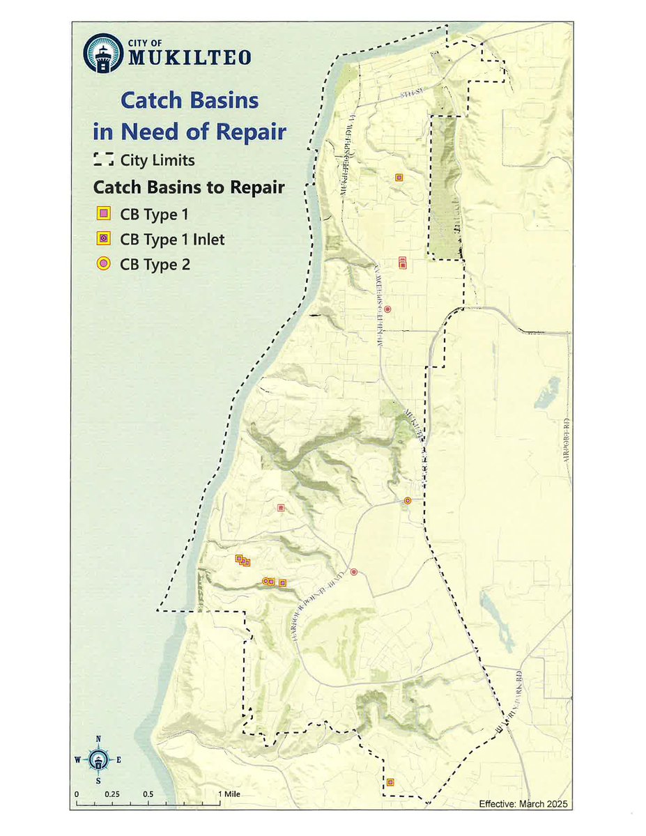 Starting August 2025, the City of Mukilteo will begin repairs on 15 stormwater catch basins across the city as part of our Annual Catch Basin Repair Program. These repairs are necessary due to settling beneath the surface that has impacted the stability of nearby curbs,