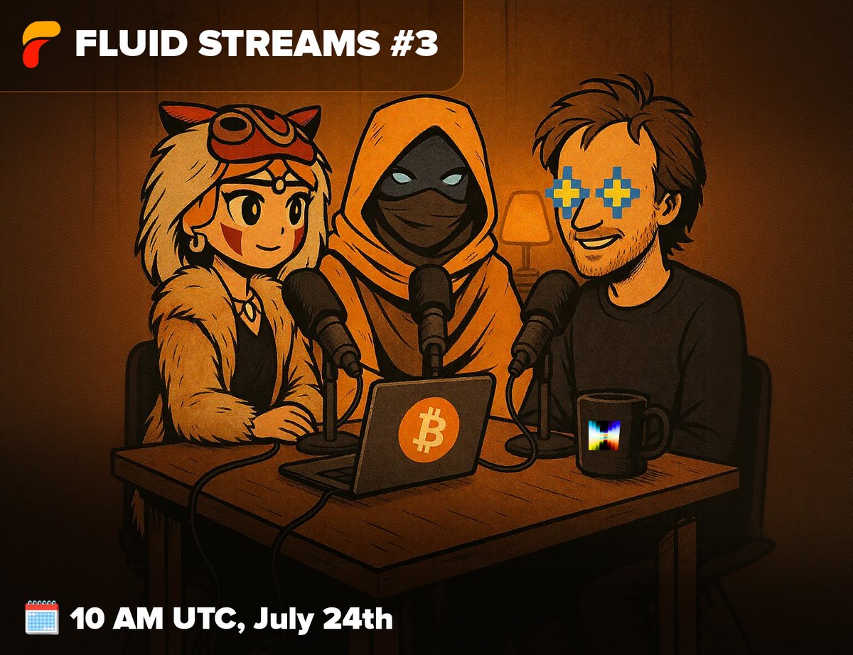 Nomber.inj 🥷🇨🇭 (@nomberfax) on Twitter photo If you missed the first two, don’t sleep on this one.
Today (10 AM UTC, July 24th) is the third episode of <a href="/FluidtokensXBT/">FluidTokens on Bitcoin</a> Streams! and you shouldn't miss it for a few reasons:
‣ Actual first-hand alpha info.
‣ The opportunity to ask your question directly
and get an If you missed the first two, don’t sleep on this one.
Today (10 AM UTC, July 24th) is the third episode of <a href="/FluidtokensXBT/">FluidTokens on Bitcoin</a> Streams! and you shouldn't miss it for a few reasons:
‣ Actual first-hand alpha info.
‣ The opportunity to ask your question directly
and get an
