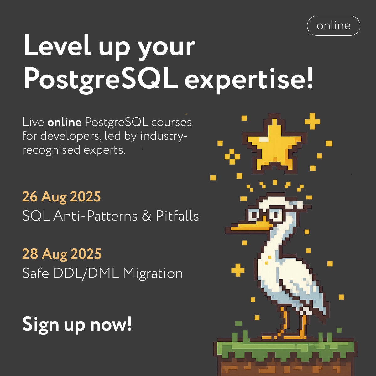 dataegret's tweet image. 🚀 Developers! Your app runs on PostgreSQL—but no DBA on hand?
We’ll be running 🎓 two live online courses in August:
• SQL Anti‑Patterns – Aug 26
• Safe DDL/DML Migration – Aug 28

📜 Cert. of attendance
⚠️ Seats are limited
👉 dataegret.com/postgresql-cou…

#PostgreSQL #DevTraining
