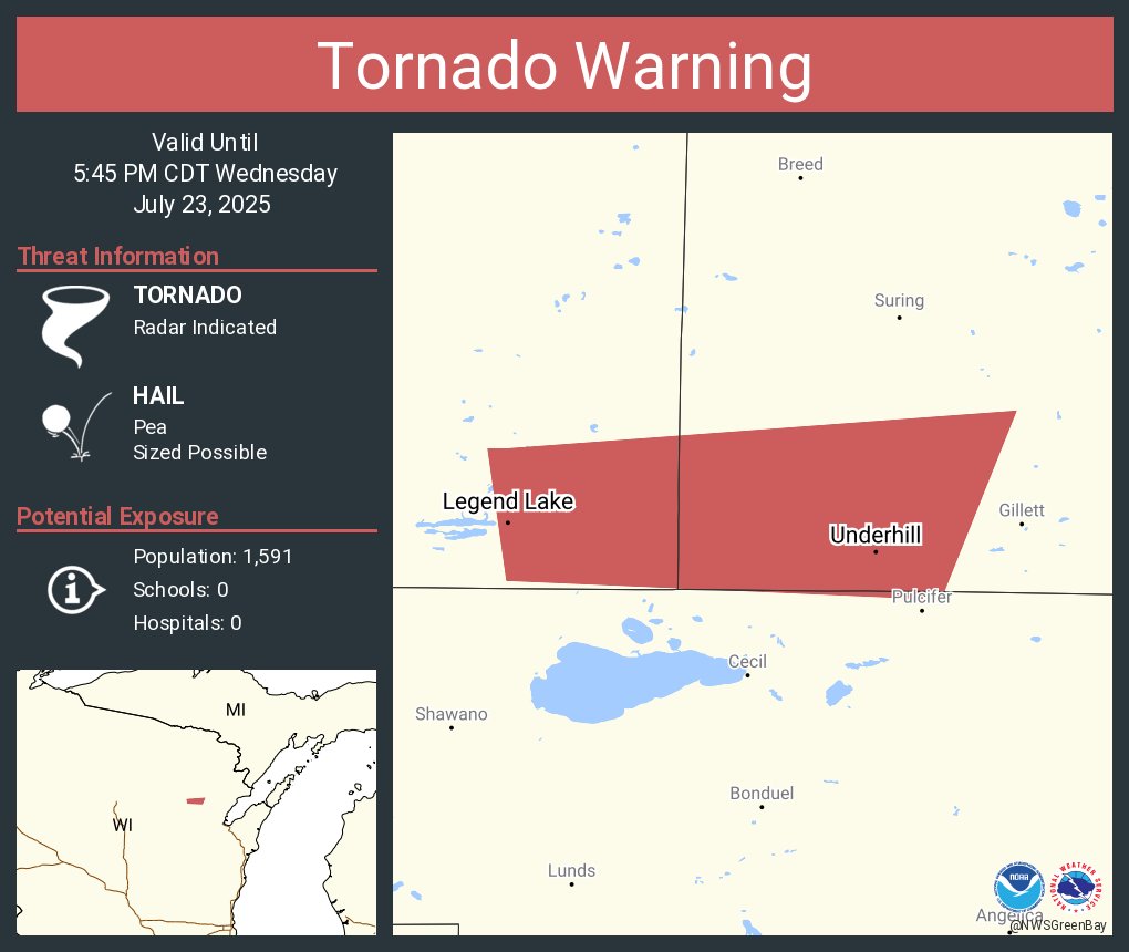 NWStornado's tweet image. Tornado Warning continues for Legend Lake WI and Underhill WI until 5:45 PM CDT