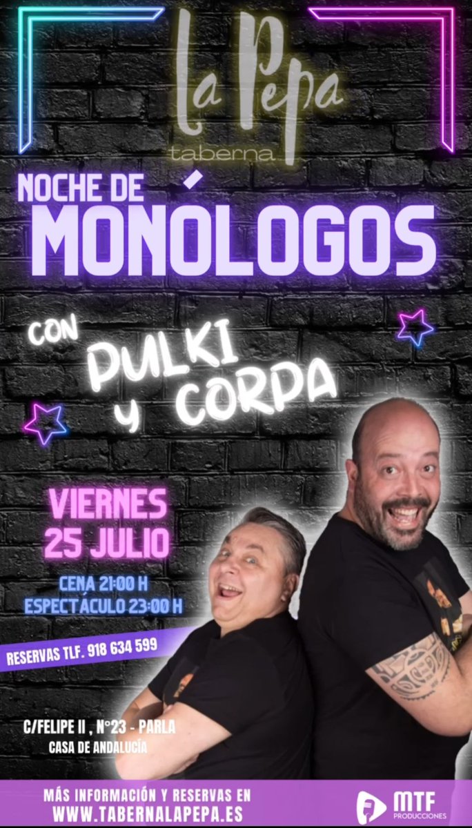 🤩🙌🏻🎉Amig@s de Parla🎊 🎤Este viernes la liamos en La taberna La Pepa con nuestro espectáculo de Monólogos!!! Reserva tu mesa y después de la cena no pares de reír con nuestro show.
👉🏻😎😎👈🏻 Te esperamos!!!
.
#risas #planazo #viernes #agenda #humor #duocomico #alegria #buenrollo
