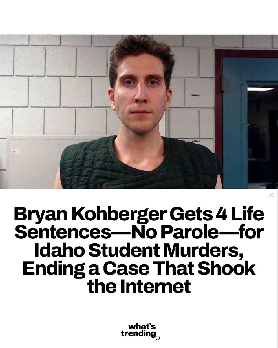 WhatsTrending's tweet image. 🚨 True crime TikTok's most viral case just hit a major turn: Bryan Kohberger was sentenced to 4 life terms without parole for the 2022 Idaho student murders.
The judge slammed conspiracy theories, families gave emotional statements, and Kohberger stayed stone-faced.
