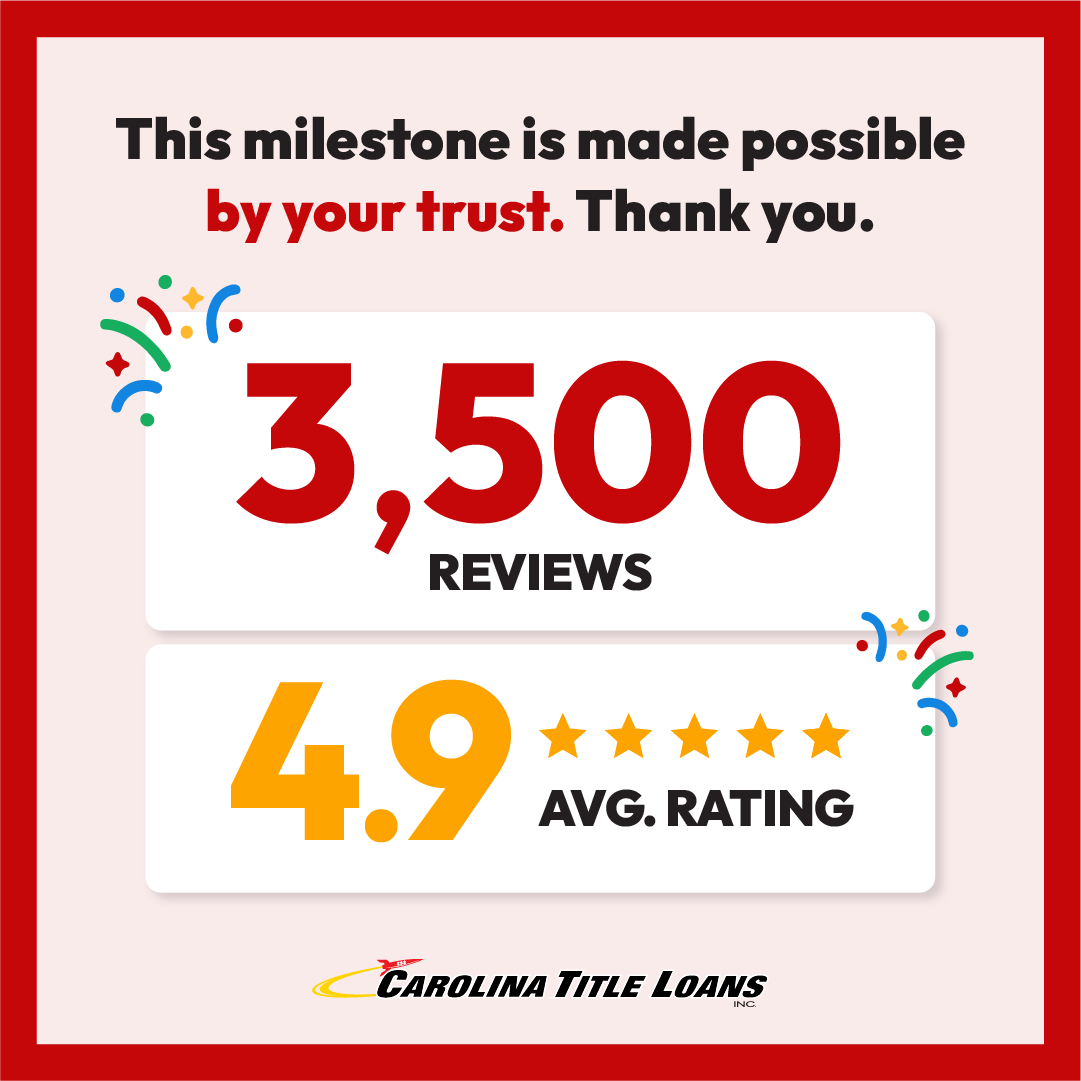 🌟 Carolina Title Loans, Inc. helps South Carolinians with financial needs. 🥰 With 3,500+ reviews and a 4.9-star rating, we're here for you. 

Get quick financial help here: CarolinaTitleLoansInc.com 

📲 Or call (800) 514-2274 

#FastLoans #SouthCarolina #CarolinaTitleLoans