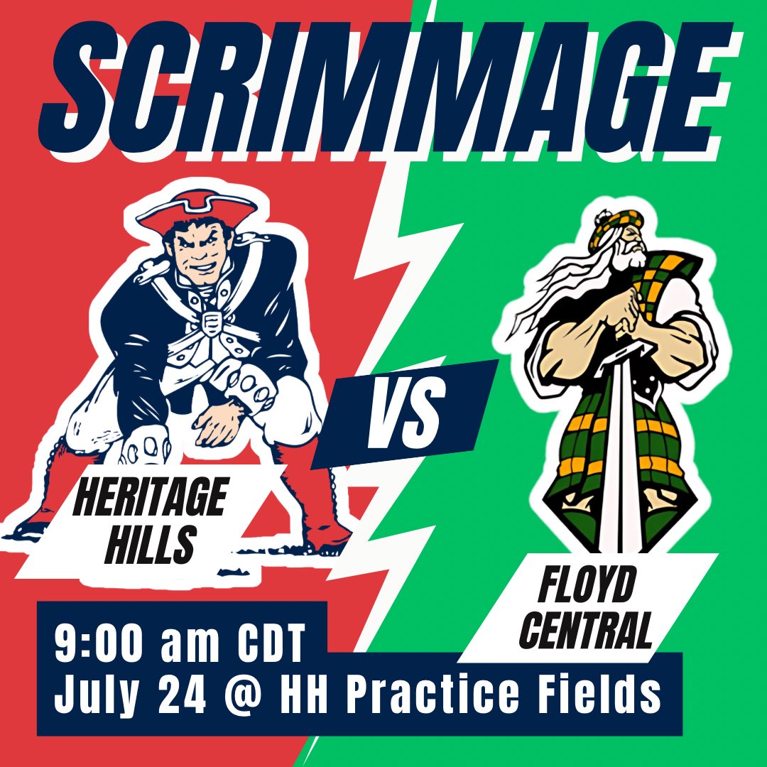 HHQBCLUB's tweet image. 🏈Scrimmage Time🏈
Our Patriots will host the Floyd Central Highlanders in a scrimmage Thursday, July 24 at 9:00am CDT at the Heritage Hills High School practice fields.
This is open to the public and is free…you may want to bring your own lawn chair.
Come out to support your…