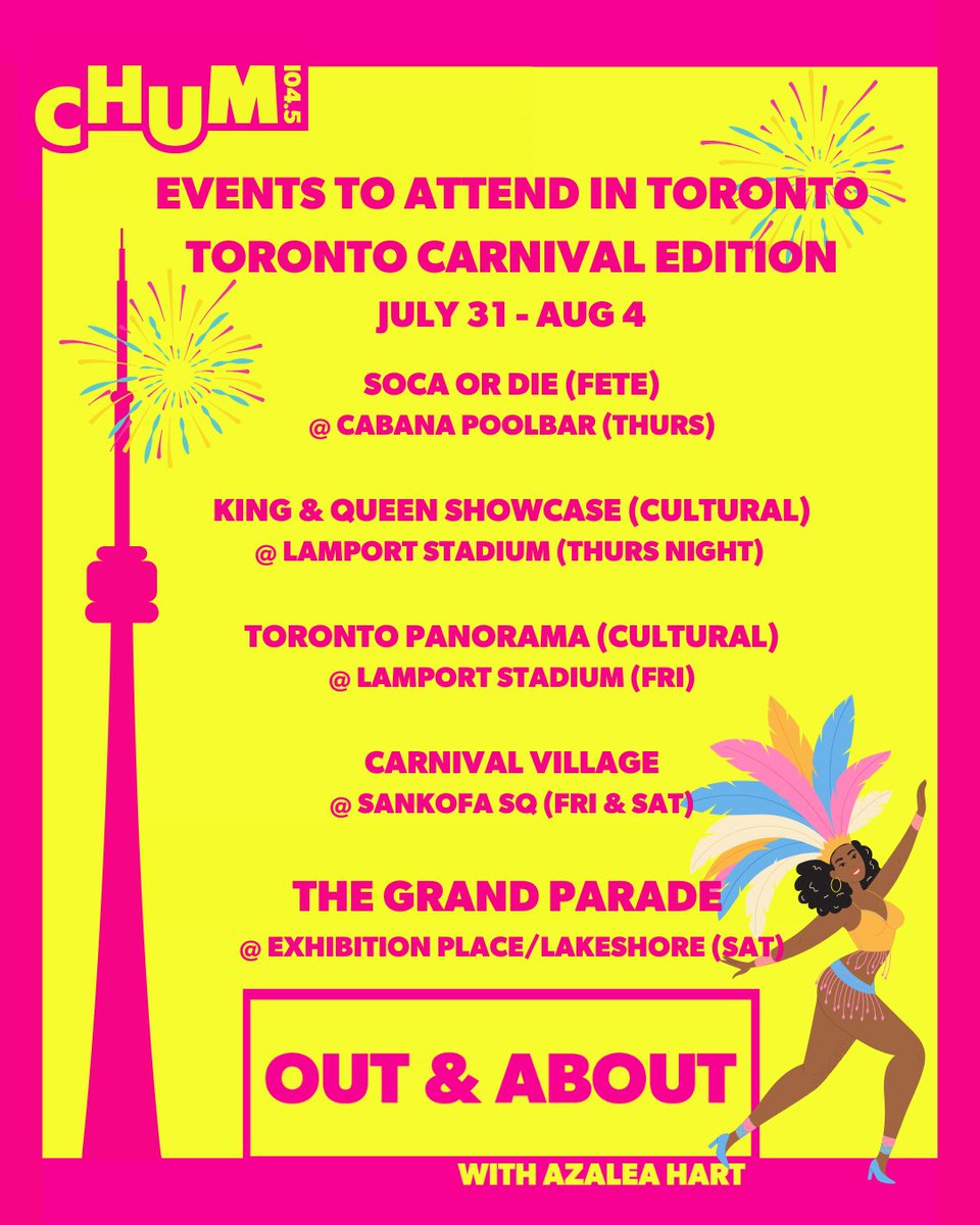 Chum1045's tweet image. The countdown to Toronto Caribbean Carnival is on!
If you’re looking to experience the rich culture behind it, here are some events to check out next week.
- Azalea
