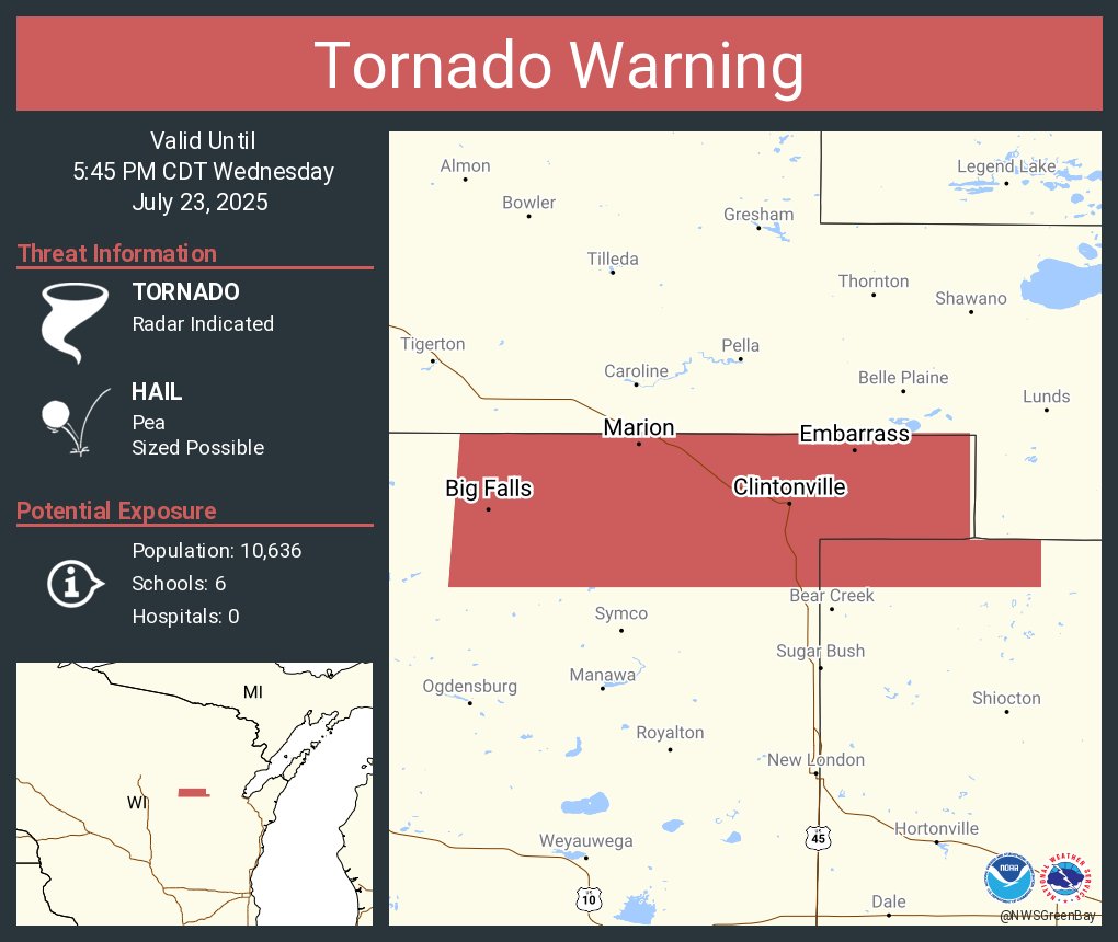 NWStornado's tweet image. Tornado Warning continues for Clintonville WI, Marion WI and Embarrass WI until 5:45 PM CDT