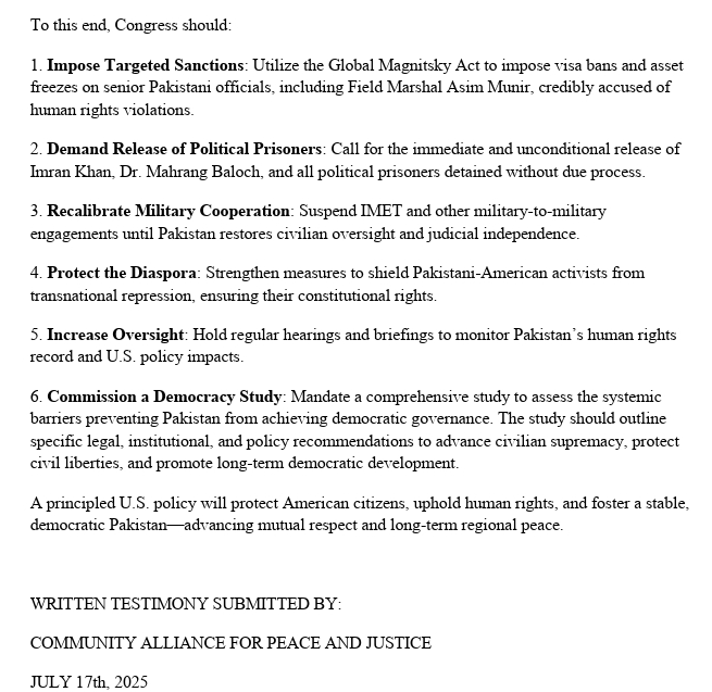 HinduACT's tweet image. Last week, the Community Alliance for Peace and Justice (@Alliance4PJ) submitted critical recommendations to the Tom Lantos Human Rights Commission (@TLHumanRights) regarding the situation in #Pakistan.
We welcome the call for targeted sanctions against General Asim Munir and his…