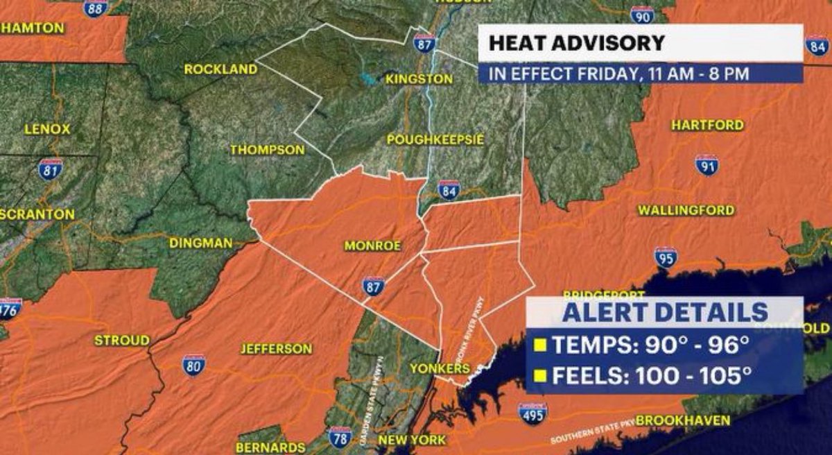 AddisonGreenWX's tweet image. Headlines time, #HudsonValley:
🌡️ rising temps THU
🥵 Heat Advisory for FRI, feels up to 105!
⛈️ storm potential FRI PM
🌬️ damaging gusts possible
HudsonValley.news12.com/weather
#nywx #news12
