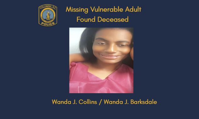 The 63-year-old woman who was reported as a missing vulnerable adult has sadly been found deceased. 
Wanda J. Collins, also known as Wanda J. Barksdale, was found this afternoon by #ColumbiaPDSC officers near Interstate-126 Westbound. 
The RC Coroner's Office has notified next of